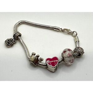 Princess Charm Bracelet Silver Tone‎ Crown Heart Rose Beads